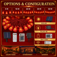Guirlande lumineuse rouge porte-bonheur avec lumières chaleureuses et festives, options de longueur 5/10/20/30/50 m et alimentation solaire, par prise secteur ou piles