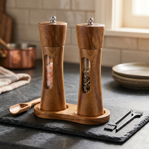 Acacia Wood Salt and <b>Pepper</b> <b>Grinder</b> Set with Stand, Adjustable Spice Mills, Custom Wooden Seasoning Shakers, OEM Wholesale - Product Image 1