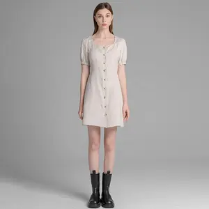 2024 Summer Elegant Female Vintage Square Collar Short Sleeve Women Black Loose Cotton Linen Mini Casual Dress