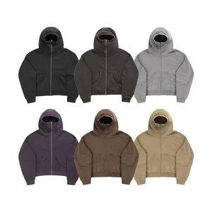 Sudadera con capucha y cremallera completa de felpa francesa gruesa para hombre, corte holgado y corto, hombros caídos, estilo streetwear, con bajo dividido - Product Image 3
