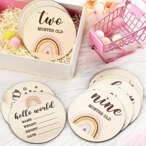 Baby Milestone Cards Rainbow Double Sided Printed Milestone Discs Wood Gift Boho Style Newborn Hello World Birth Sign