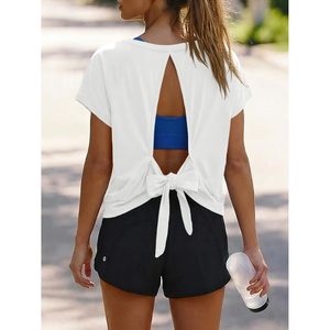 Womens Open Back Crop <b>Top</b> V Neck Short Sleeve Tie Back Athletic Yoga Shirt Breathable Spandex Cotton Oversized Workout <b>Top</b> - Product Image 4