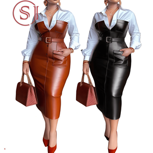 X8409 Abito Elegante da Ufficio per Donna, <span class=keywords><strong>Vestito</strong></span> Casual in Pelle PU con Maniche Lunghe e Cintura, Design a Contrasto - Product Image 1