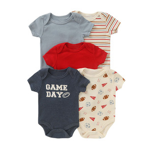 ชุดรอมเปอร์เด็กทารกผ้าฝ้ายนุ่ม 5 ชิ้น แพ็ค ลายพิมพ์หลากหลายแบบ แขนสั้น ชุดจั๊มสูทสำหรับเด็กอ่อน ชุดลำลองใส่บ้าน ชุดรอมเปอร์เด็ก - Product Image 5