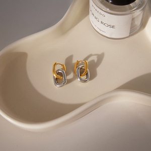 Stainless Steel Color <b>Blocked</b> Huggie Earrings Geometric U <b>Shape</b> Two Tone For Everyday Wear - Product Image 4