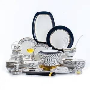 Ensemble de 18/26/34/43 pièces d'assiette en céramique blanche nordique italienne vaisselle en porcelaine ensemble de table d'hôtel à bord doré