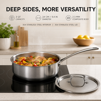 Poêle à frire et à sauter en acier inoxydable 304 de 24 cm avec couvercle, corps composite de 2,3 mm, compatible induction, fournisseur en gros d'ustensiles de cuisine