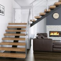 Escalier Flottant Moderne en Acier Carbone à Poutre Unique avec Escalier Droit en Bois de Hêtre et Garde-Corps en Verre pour Villa et Appartement (Usage Intérieur)
