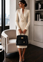 Robe fourreau mi-longue pour femme, col montant, manches longues, ceinturée, coupe ajustée, idéale pour le bureau