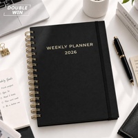 Planificateur hebdomadaire personnalisé A5 avec couverture en papier noir, spirale, dorure à chaud, impression couleur, 2026 2027, avec bande élastique