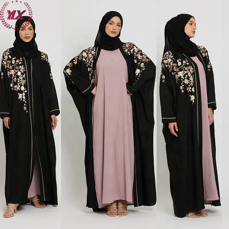Women Dubai Muslim Dress New Turkey Dresses 2023 Summer Black Floral Embroidered Open Modest Abaya Islamic Clothing Women