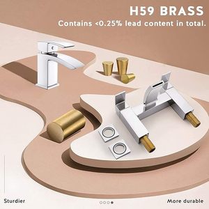 Ensemble de robinets de bain carrés en laiton chromé, mitigeurs de lavabo monobloc à double levier, robinet de baignoire et robinet de lavabo à levier unique - Product Image 4