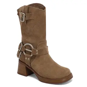 Kadın hımbıl kovboy Cowgirl Midi buzağı çizmeler toka Slip-on karamel kahverengi deve renk patik yuvarlak ayak yüksek topuk Femme ayakkabı