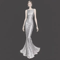 Robe longue plissée sirène en mousseline de soie, dos nu, col rond, couleur unie, taille ajustée, sexy, pour femme, mode décontractée