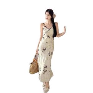 Traditional <b>Chinese</b> Digital Print Cheongsam/Qipao Women Apricot Floral V Neck Regular Fit Long <b>Dress</b> Button Closure Casual Style - Product Image 5