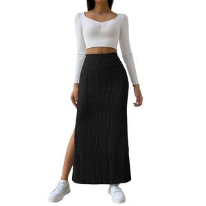 Jupe longue fendue taille haute trapèze à rayures côtelées, décontractée et simple, pour femme, collection automne-hiver, qualité OEM personnalisée - Product Image 4
