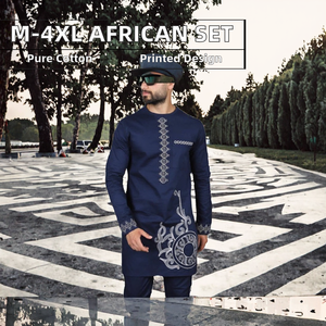 Setelan Kasual Motif Afrika Lengan Panjang <span class=keywords><strong>M</strong></span>-4XL 2-Potong Katun Dashiki Jubah Panjang Celana Pria - Product Image 2