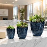 Ensemble de 3 pots à fleurs en céramique texturée bleu océan, glaçure réactive, pour plantes succulentes, décoration moderne pour la maison et le jardin