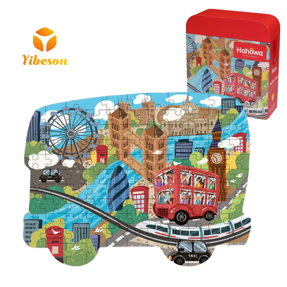 Wholesale Gift Box Set Kids Personalized Custom Toy 108 Pieces Cartoon Bus Shape Paper Jigsaw Puzzle