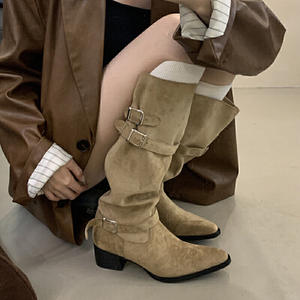 Bottes à talons hauts <span class=keywords><strong>pour</strong></span> femmes avec boucle de ceinture pointue manches épaisses conception large doublure en maille à motif solide <span class=keywords><strong>pour</strong></span> l'hiver - Product Image 1
