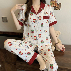Piyama Cardigan Wanita Berkerah Kancing 2pcs Set Cerep Motif Kartun Kasual Lengan Pendek Bahan Tipis Baju Tidur Rumah - Product Image 6