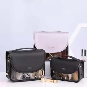 Luxury ladies PVC makeup pouch foldable transparent make up PU leather hanging toilet bag cosmetic bag