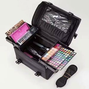 Sac de maquillage de luxe pour tatouages, échantillon gratuit, grande capacité, 2-en-1, avec roulettes universelles, multi-couches, pour femme, avec poignée de transport. - Product Image 4