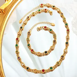 패션 럭셔리 쥬얼리 크리스탈 보석 팔찌 여성 스테인레스 스틸 지르코니아 보석 세트 다채로운 CZ 다이아몬드 목걸이