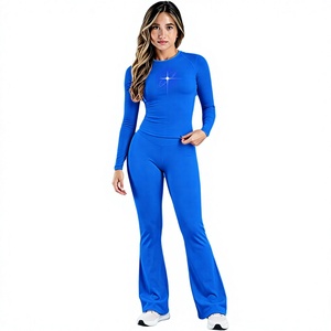 Yimo Solid Yoga Set 2 Piece Full Sleeve <b>Flared</b> <b>Leggings</b> High Waist Four-Way Stretch Athletic Wear Workout Gym Outfit - Product Image 2