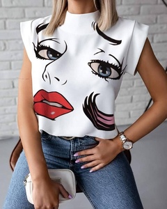 Damen Vintage Sommer Chiffon Shirt Top Einfache Stand Kragen Blumen Lippen Print Plus Size Damen Blumen Vintage Blumen Shirt Top - Product Image 3
