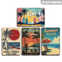 Plaque Métallique Décorative Murale Rétro Thème Plage et Surf (Palmier, Planche de Surf) pour Maison de Plage, Patio, Bord de Piscine, Bar, Décoration Murale Domestique
