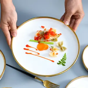 Nordic Modern Gold Rim White Ceramic Dinnerware Set Round Sustainable Wedding Home Party Dishes Plates Bowls