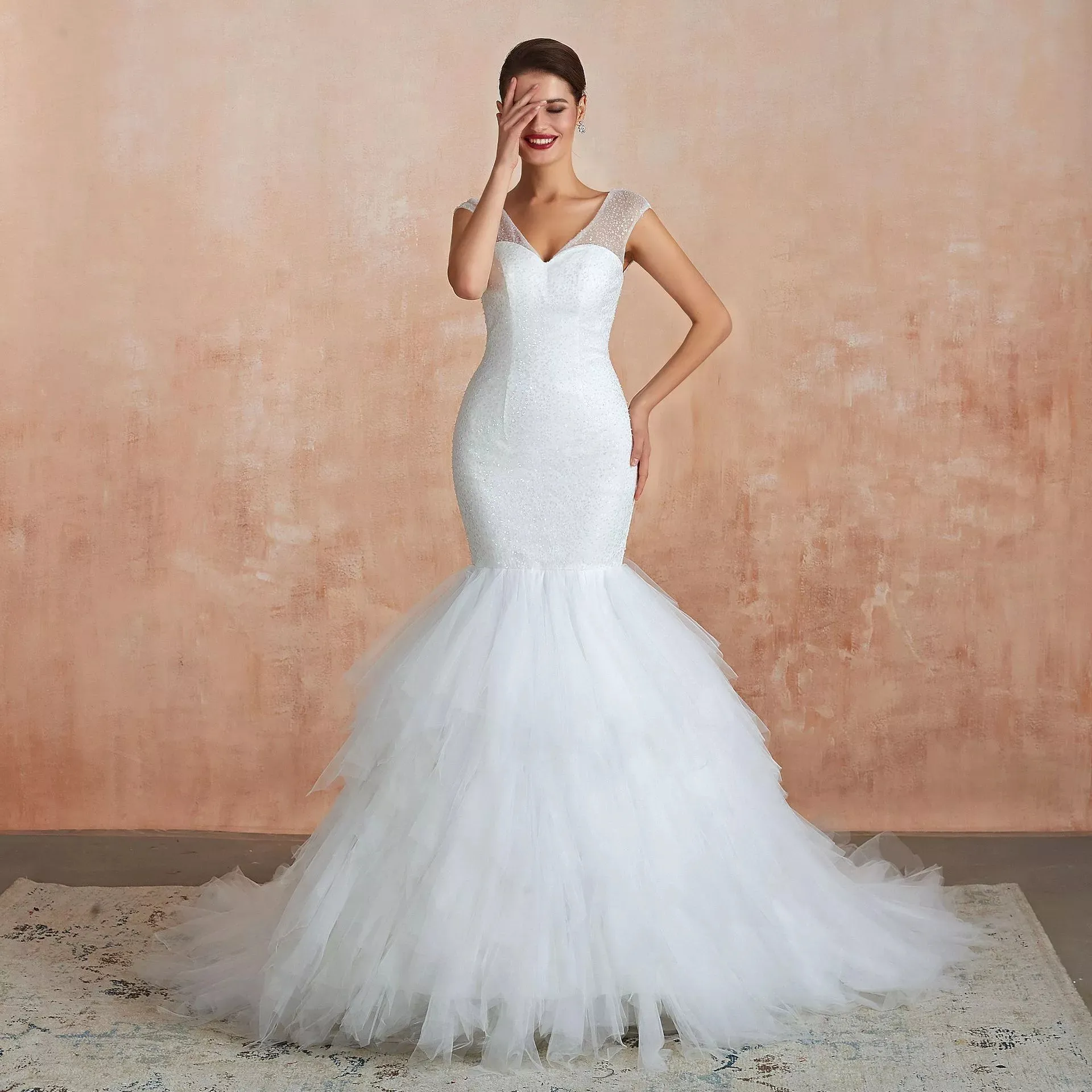 2022 Customize Sexy Deep V Ruffled Trumpet Wedding Gowns Sleeveless Mermaid Wedding Dress with Long Train