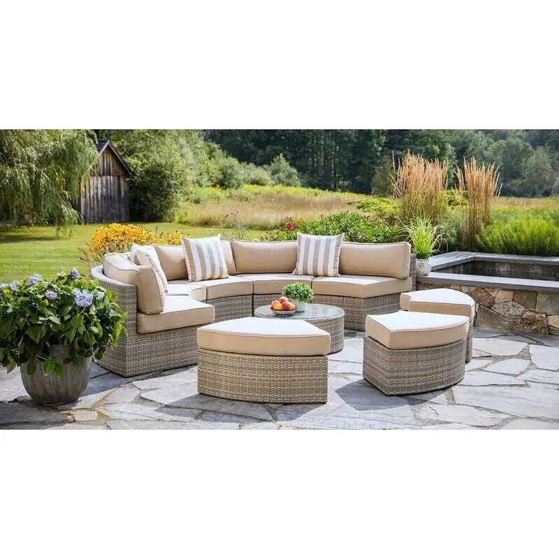 Modern Inexpensive Outdoor Furniture Fabric Waterproof Semicircle tea table Wicker Patio Garden Rattan Round Sofa Sets