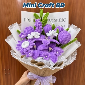ดอกทานตะวันถักโครเชต์สีเหลืองพร้อมก้านและใบสีเขียว แบบ DIY สำหรับงานฝีมือ - Product Image 6