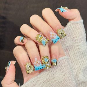 Lot de 10 <span class=keywords><strong>faux</strong></span> <span class=keywords><strong>ongles</strong></span> bleus style baroque français, faits à la main, à presser, vintage, ornés, avec logo personnalisé - Product Image 2