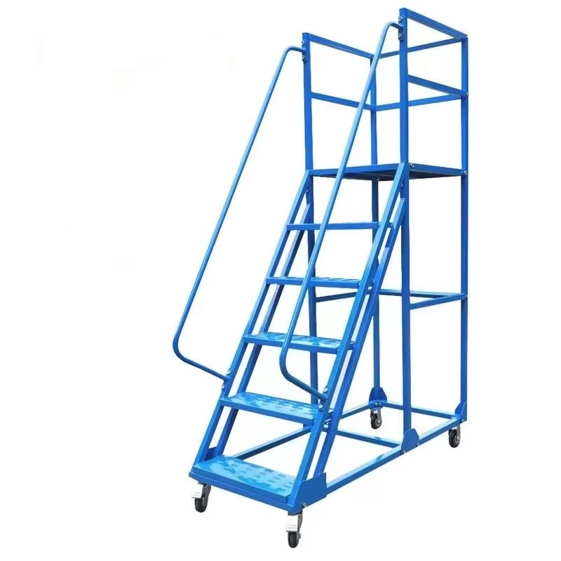 Warehouse Portable Rolling Mobile Work Platform Stainless Cold-rolled Steel Ladder with Handrail Steel Ladder Industrial Ladder