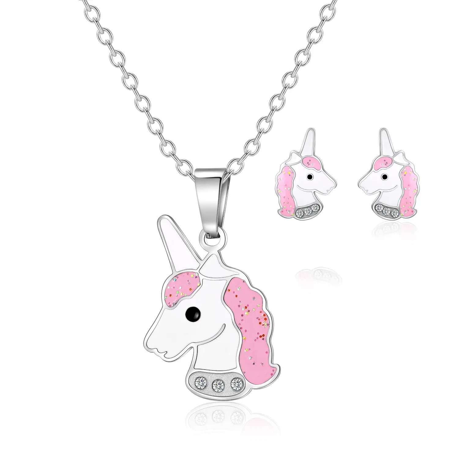 Stainless Steel Enamel Warna-warni Unicorn Lucu Desain Anting-Anting Kalung Set Perhiasan