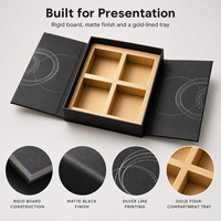 Boîte cadeau rigide personnalisée à double porte, noir mat avec ligne argentée et plateau à quatre compartiments doré, pour bijoux et cosmétiques