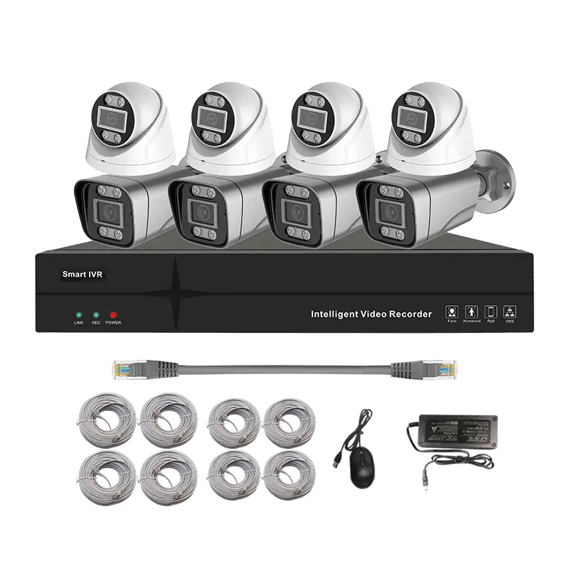 5MP Poe Cctv Kit 4Pc Netwerk Bullet Camera, 4Pc Ip Dome Camera, h.265 Intelligente Video Recorder Met Audio Sirene Alarm Systeem