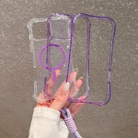 Coque de téléphone antichoc transparente 3-en-1 couleur bonbon avec cordon et protection magnétique pour iPhone 17 Air, 16E, 15, 14 Plus, 13, 12 Pro Max