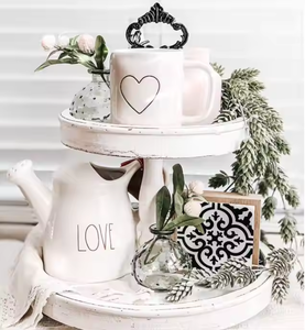 Plateau de service de table basse en bois de bambou à 2 niveaux ou support de cupcake rustique avec 3 poignées interchangeables pour la décoration intérieure - Product Image 2