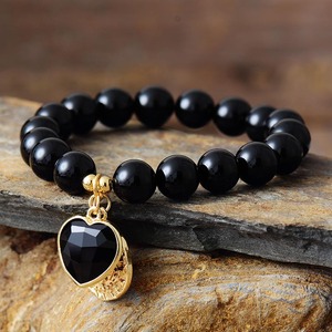 Natural <b>Amethyst</b> Beaded <b>Bracelet</b> 10mm Heart Pendant Elastic Stretch Jewelry For Gift - Product Image 4