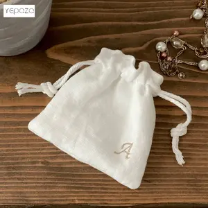 पर्यावरण के अनुकूल पदोन्नति drawstring उपहार बैग के साथ शुद्ध सफेद छोटे आकार कस्टम 100% सनी गहने पाउच लोगो कढ़ाई