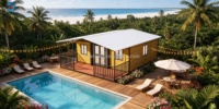 Maison conteneur extensible Skyacross, maison modulaire miniature avec balcon, 1 chambre, 1 séjour, 1 cuisine, 1 salle de bain, cabane préfabriquée pour glamping