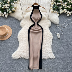 2025 été Y2K licou gaine hanche robe mi-longue pour les femmes <span class=keywords><strong>sans</strong></span> <span class=keywords><strong>manches</strong></span> Empire contraste couleur dentelle robe - Product Image 2