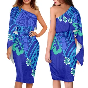 Polynesian เสื้อชนเผ่าซามัวสีฟ้าลายดอกไม้ออกแบบโลโก้ Tiare 2023สำหรับผู้หญิงไหล่ข้างเดียวสำหรับงานพรอมปาร์ตี้บอดี้คอนขายส่ง