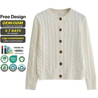 Pull Cardigan Femme 100% Coton Câble Pull Court Veste Col Rond Cardigan Tricoté