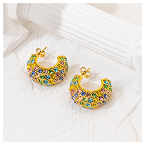 Pendientes de Aro de Perla y Circón en Acero Inoxidable Chapado en Oro de 18k, Juego de Joyería de Moda Simple y Colorido, Accesorios para Mujer - Product Image 5