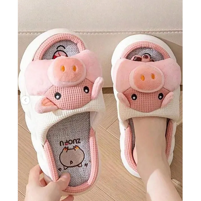 Großhandel Hausschuhe niedliche flauschige flauschige Hausschuhe Tierdruck Kuh rosa Schwein Heimpantoffeln Damen Winter Indoor Flat Warm